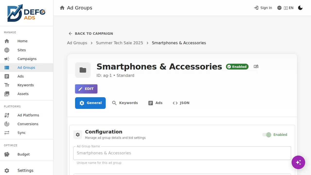 Ad group general settings tab