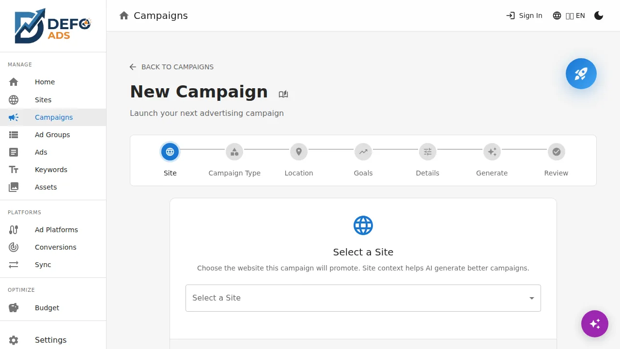 Selecting campaign type in the creation wizard