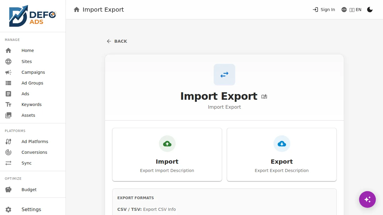 Import/Export page overview