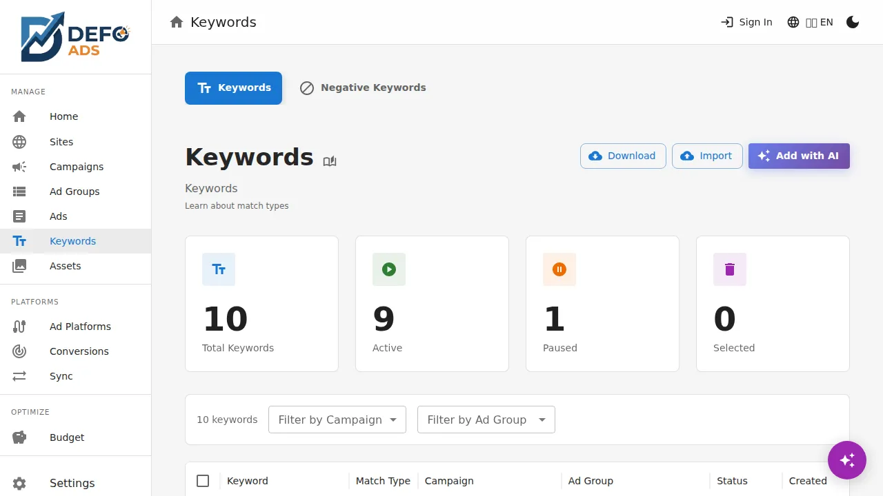 AI keyword generation interface