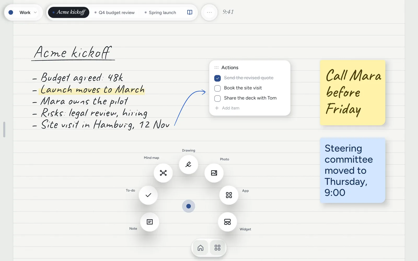 Holding the paper opens a ring of choices: note, to-do, mind map, drawing, photo, app and widget.