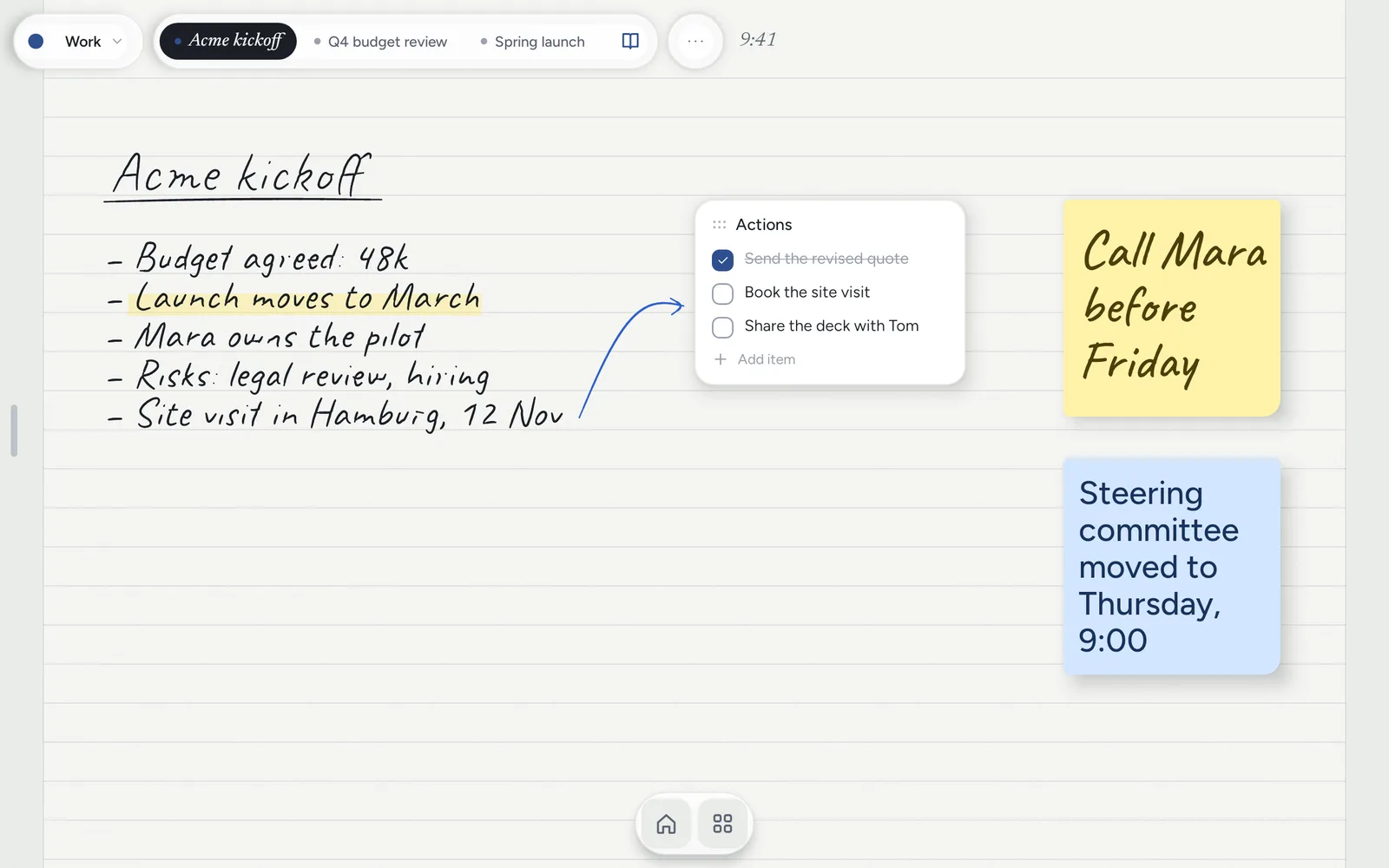 Notes Drawer on a tablet: handwritten kickoff notes, a to-do list and two note cards on the home screen.