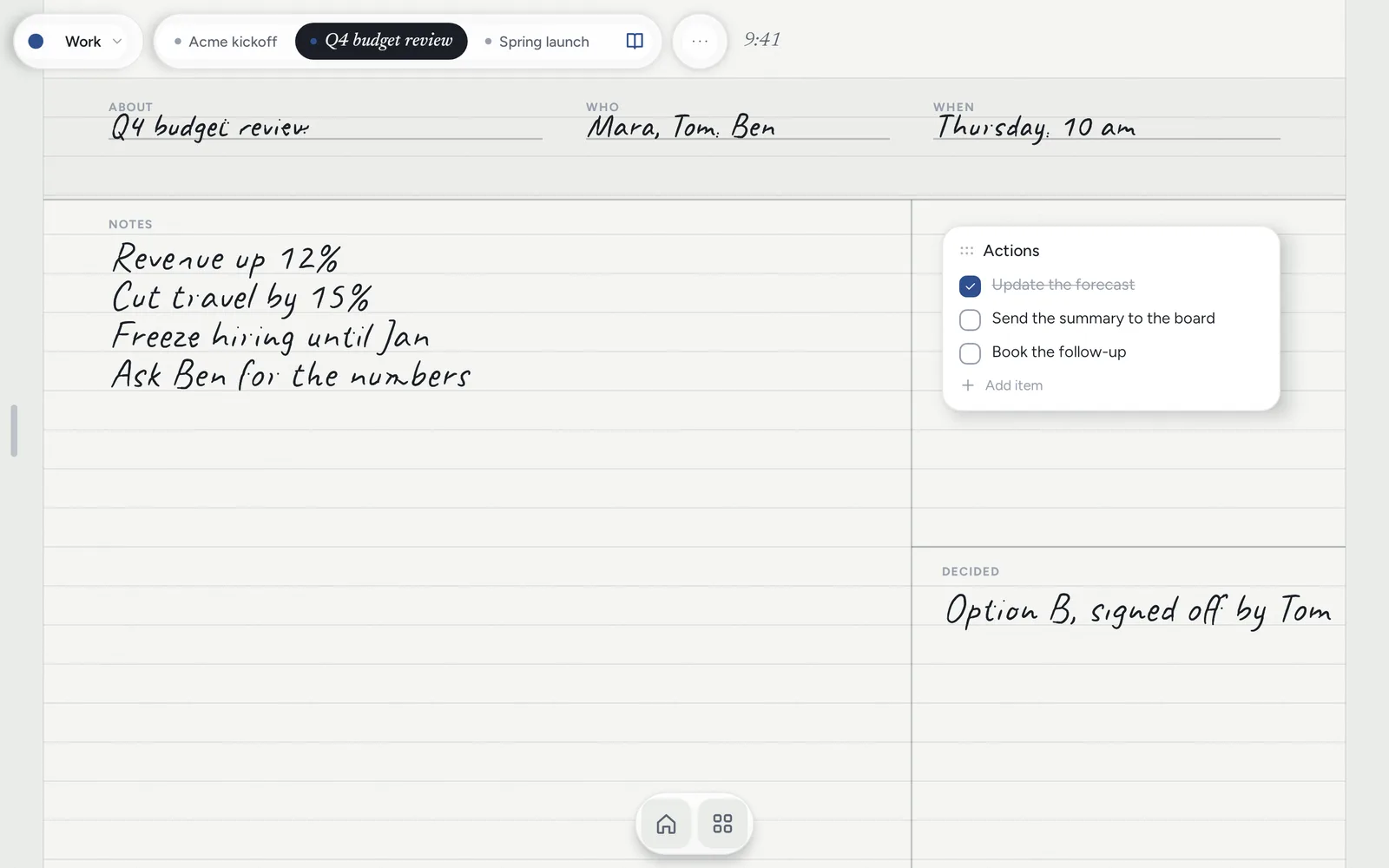 A meeting template dated for today, with About, Who and When fields, handwritten notes, an action list and a Decided box.